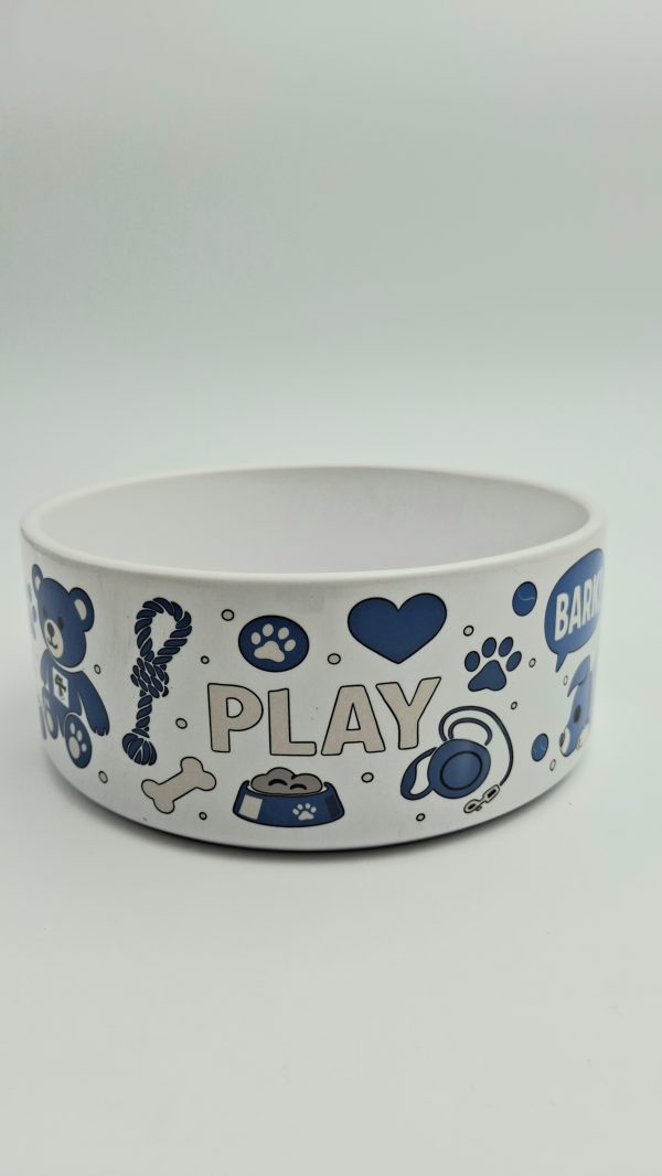 gamelle fétiche pour pups joeurs décorée de symboles ludiques et de l'inscription PLAY
