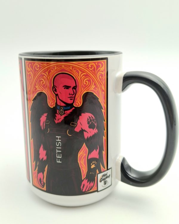 Vue du côté droit du mug avec le même personnage mi-homme mi-animal ailé, fond ornemental rose et orange, logo "Hot Gay Mug" visible en bas à droite.