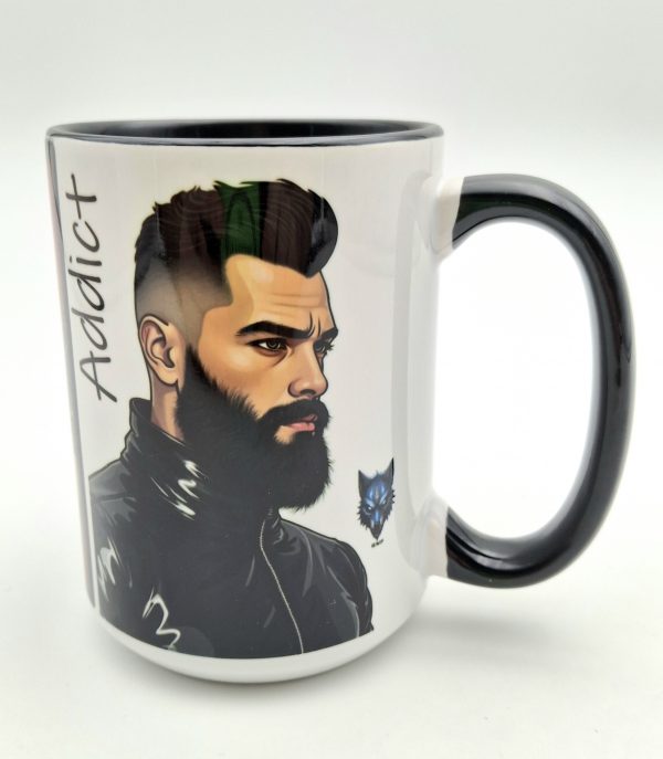 cçoté droit du mug avec rubber barbu et le mot "addict"