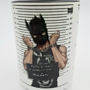 Mug illustré d'un puppy masque noir,avec panneau Puppy à punir: A desobéi a son Master