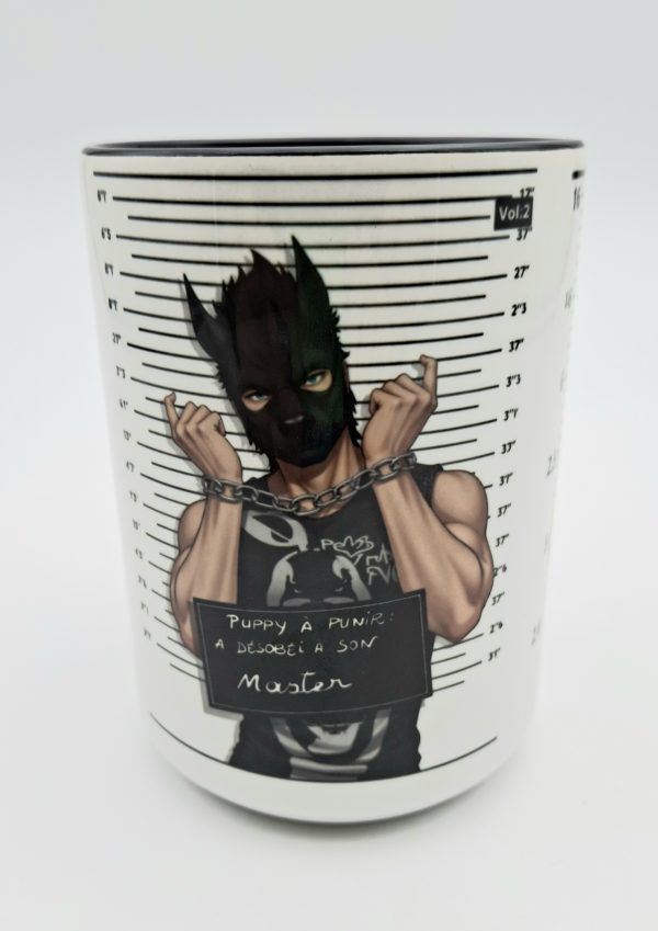 Mug illustré d'un puppy masque noir,avec panneau Puppy à punir: A desobéi a son Master