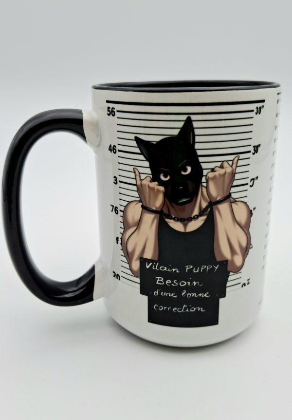 Puppy enchainé avec panneau indiquant! "vilain puppy.besoin d'une bonne correction"