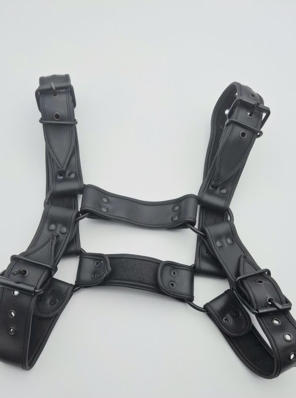 Vue arrière du harnais noir en cuir G.W.F posé à plat, montrant les sangles et boucles de réglage.