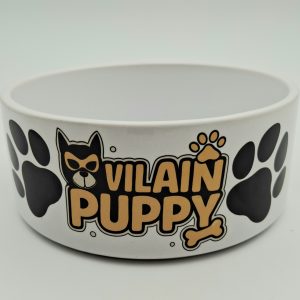 gamelle blanche en céramique avec l'inscription "vilain puppy" en noir et jaune.
