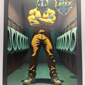Tableau LICK MY LATEX complet – fétiche pop, urinoirs et personnage en combinaison jaune.