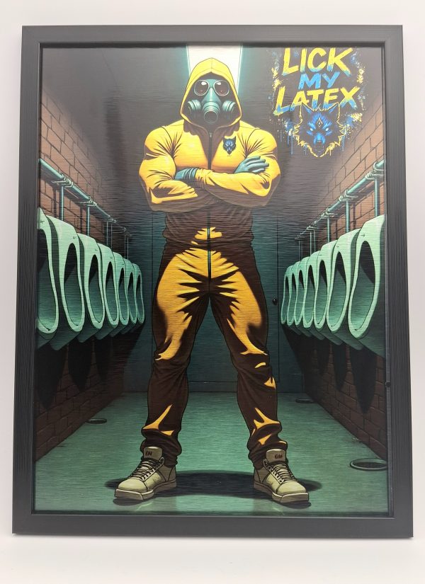 Tableau LICK MY LATEX complet – fétiche pop, urinoirs et personnage en combinaison jaune.
