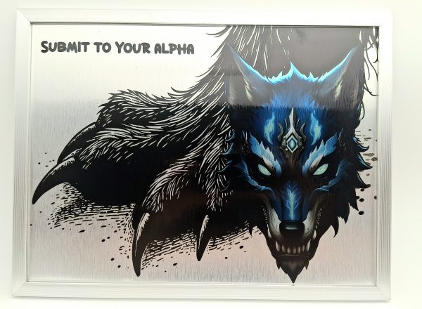 ableau 30x40 cm – tête de loup bleu aux yeux brillants avec griffes – texte "Submit to your Alpha" – style dominant animal.
